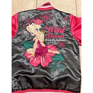 Betty Boop Jacket Womens Small Black Pink Satin Bomber RR Designs Wild Flower